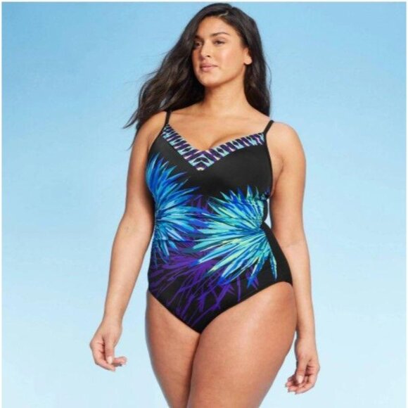 Women's V-Neck Small One-Piece Swimsuit With Adjustable Straps & Tropical Print - Picture 3 of 8